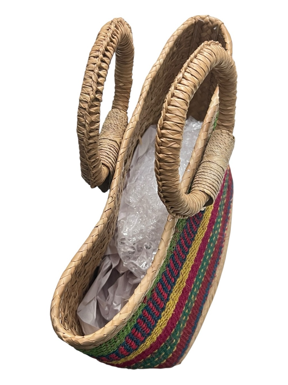 Vintage Woven Straw Tote Bag Top Handle Basket Purse Multi Color Stripe Boho - Picture 5 of 8